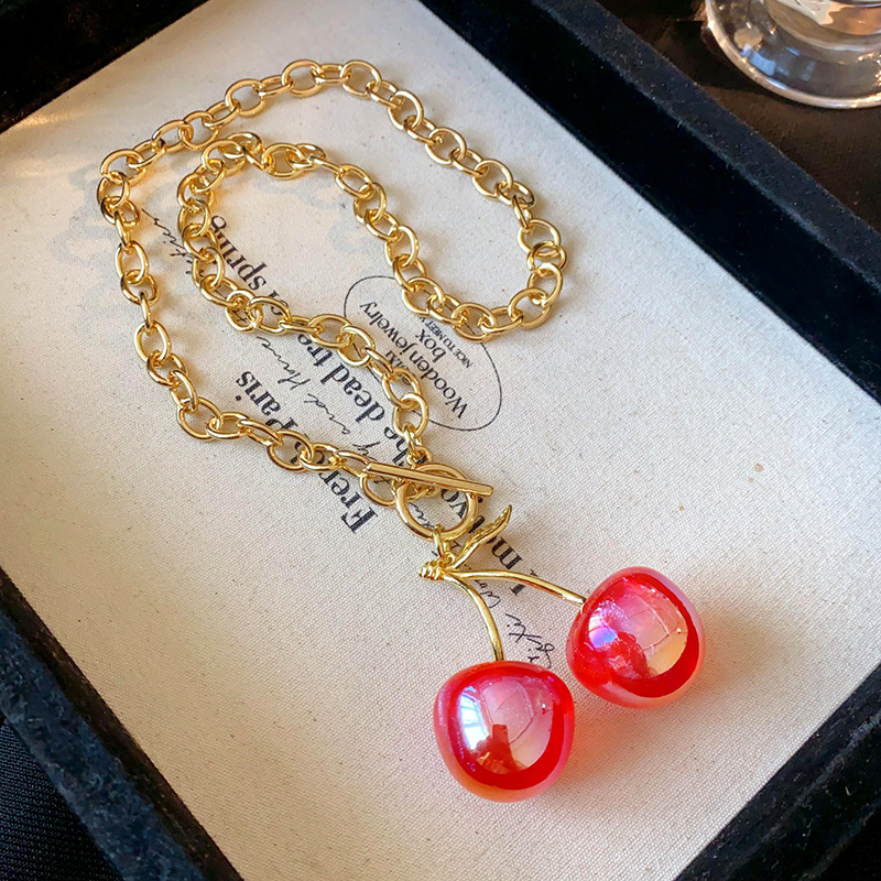 Cherry Pattern Women's Gender Cute Lady Cherry Alloy Resin O-shaped Necklace Pendant Necklaces Wholesale