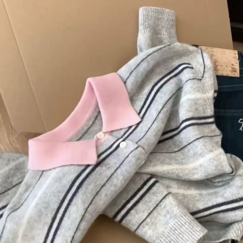 韩版条纹撞色翻领半纽扣套头毛衣女装秋季新款时尚显瘦针织衫上衣|undefined