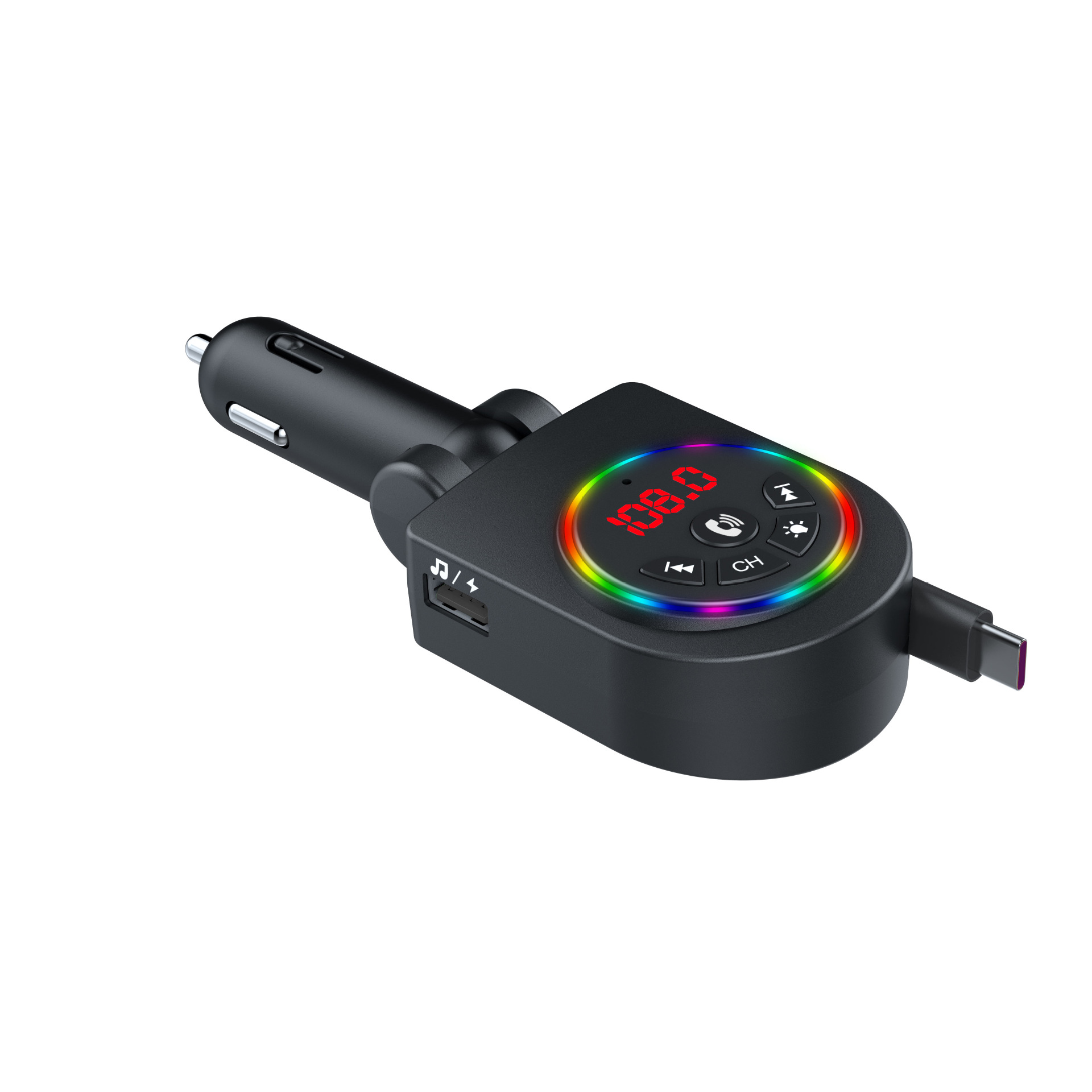 Y13 Car Fast Charger with Retractable Cable, Colorful Ambient Light, Bluetooth MP3 Player, Foreign Trade Automotive Supplies