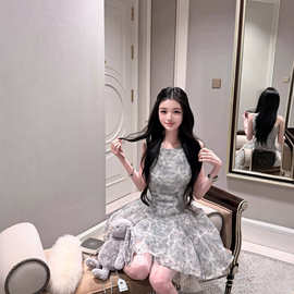 法式甜美雾灰蓝色花朵公主蓬蓬短裙女夏季新款生日礼服无袖连衣裙
