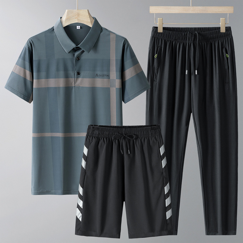 Papá traje deportivo de verano para hombre seda de hielo POLO camiseta de solapa transpirable de secado rápido traje de tres piezas de ropa casual de mediana edad y ancianos image 1