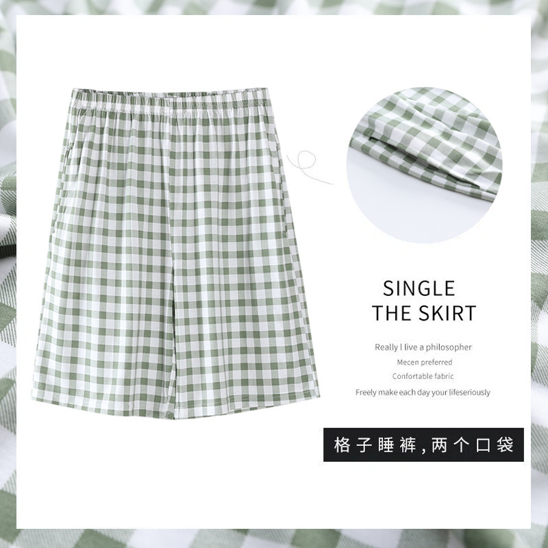 Pajama Pants Men's Spring and Summer Five-point Shorts Cotton Thin Unprinted Japanese Plaid Youth Outwear Beach Pants Home Pants