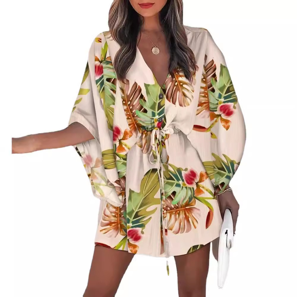 Transfronterizo europeo y americano de verano manga de vuelo Amazon deseo popular con cuello en V con cordones de ocio vestido de vacaciones ropa de mujer