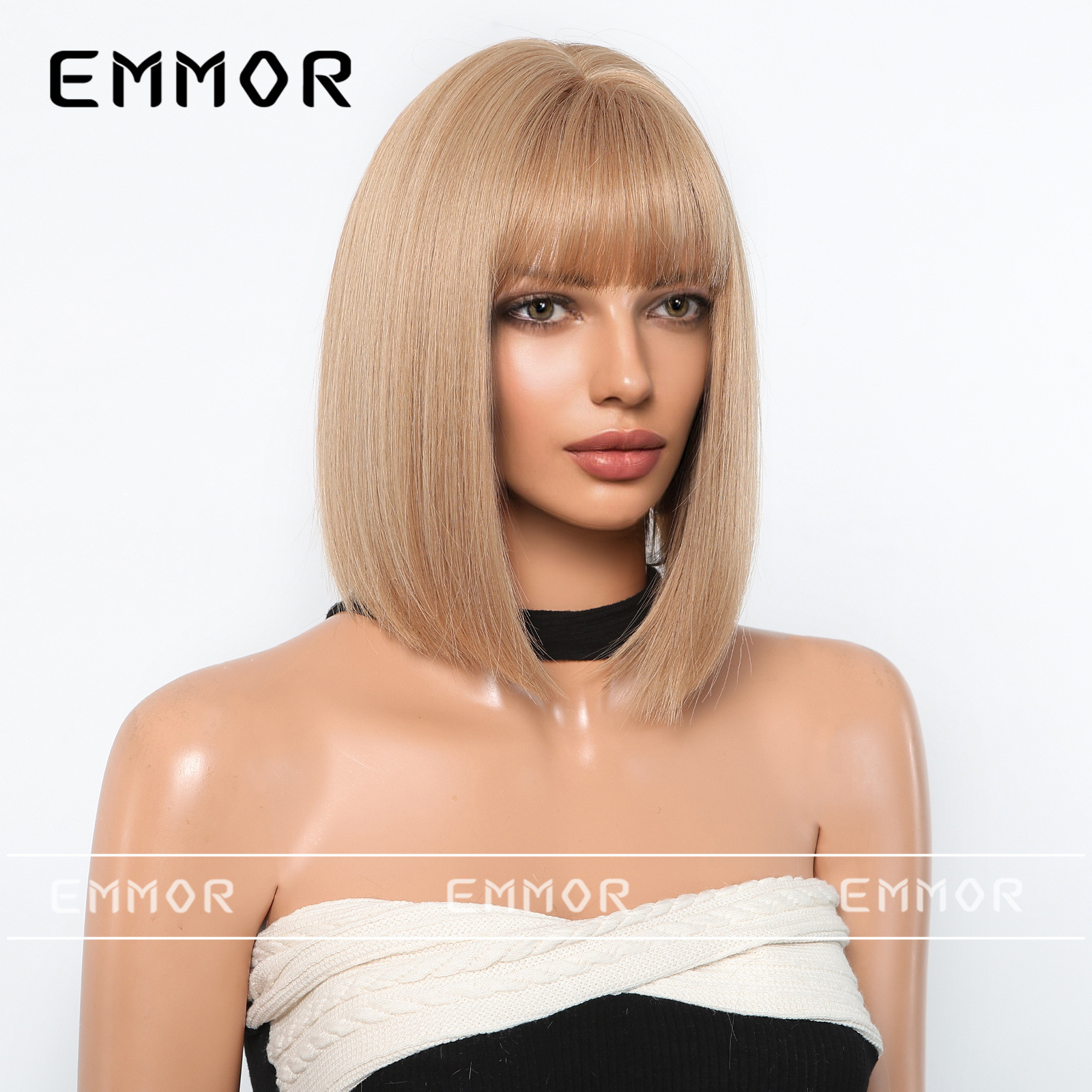 Estilo europeo y americano nuevo estilo champán marrón pelo corto y liso moda reducción de edad cabeza de bobo peluca natural sin costuras cubierta completa