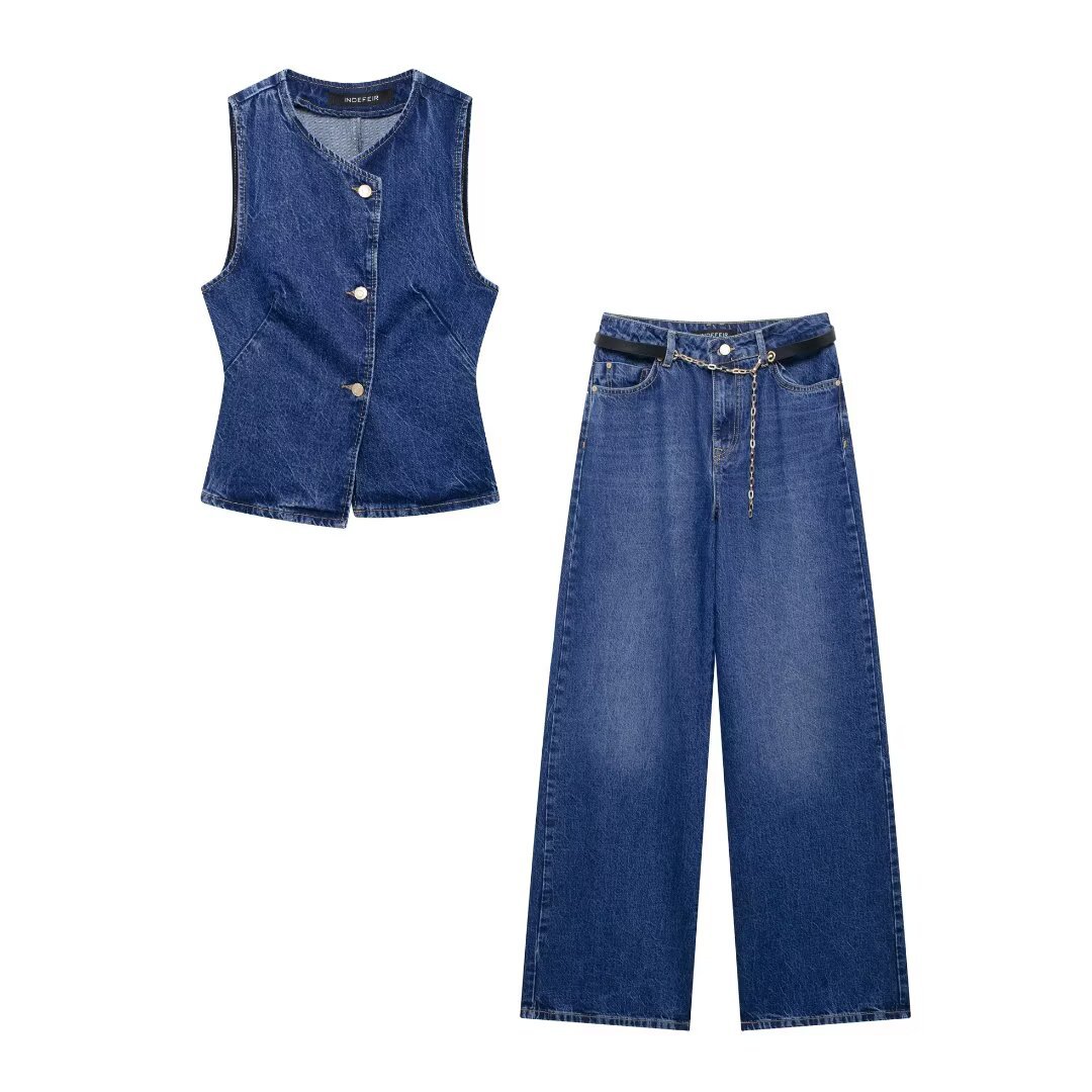 Women's Slim Fit Denim Two-Piece Outfit Sleeveless round Neck Vest And Trousers Set European American Style Spring New Arrivals_ecoleips.com