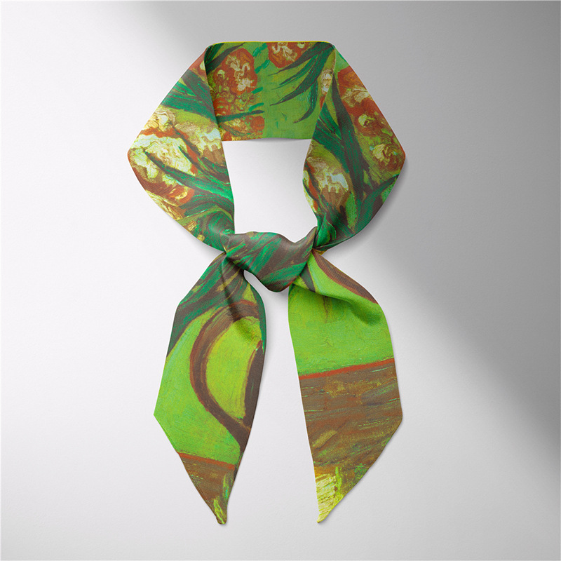 Verano larga pequeña bufanda de seda femenina Van Gogh campo de trigo cielo estrellado pintura al óleo delgada estrecha larga pequeña bufanda de seda corbata de pelo decoración femenina