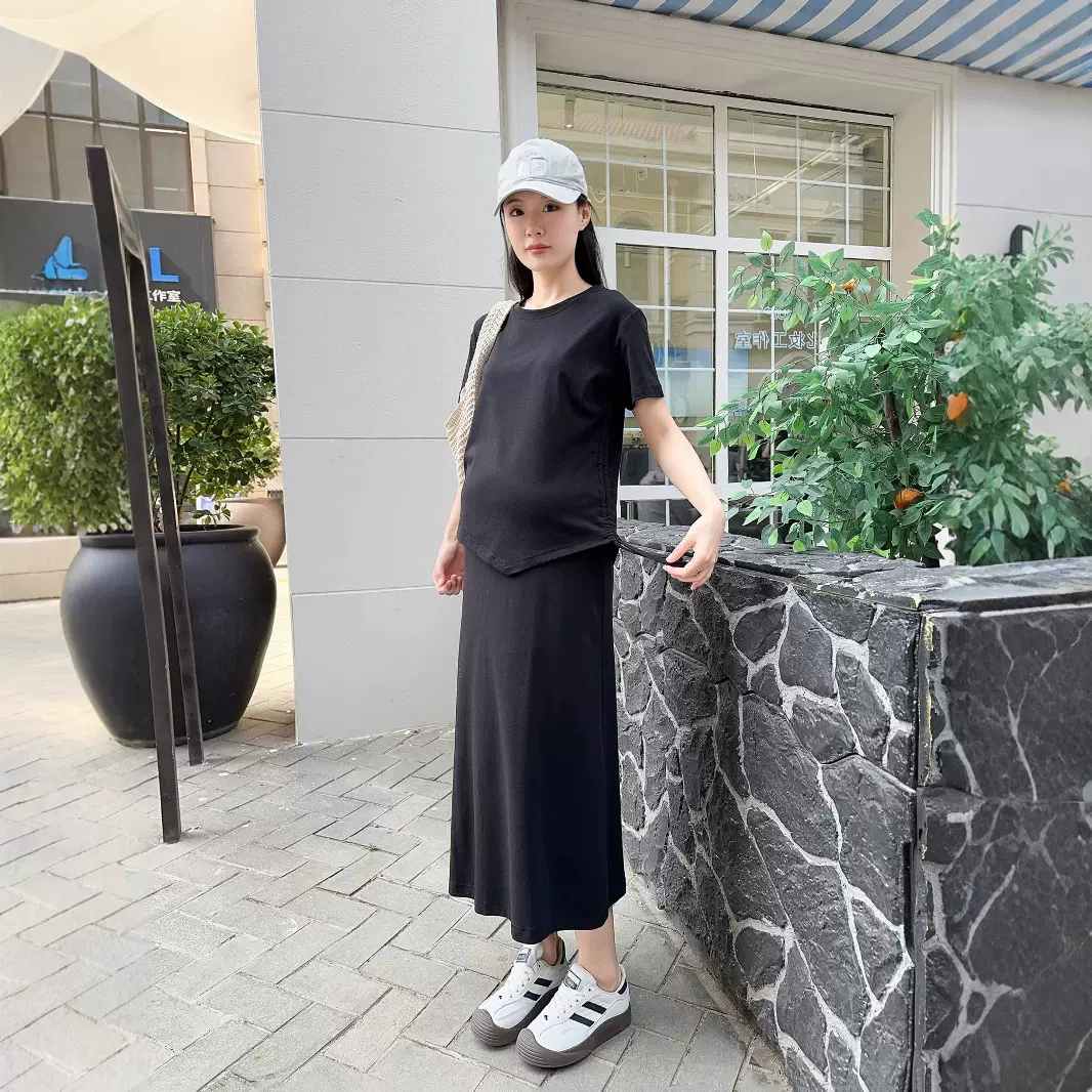 孕妇夏装两件套装时尚洋气春秋薄款短袖T恤抽褶上衣半身裙子套装