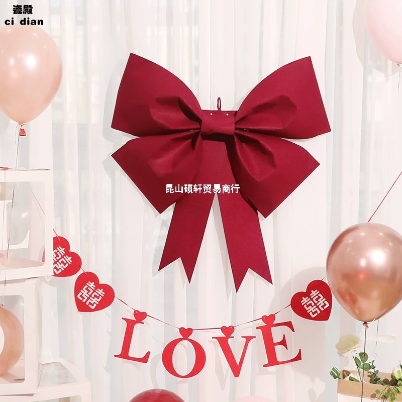 Wedding room layout INS big bow net red creative decoration wedding living room hi character pull flower hanging romantic wedding