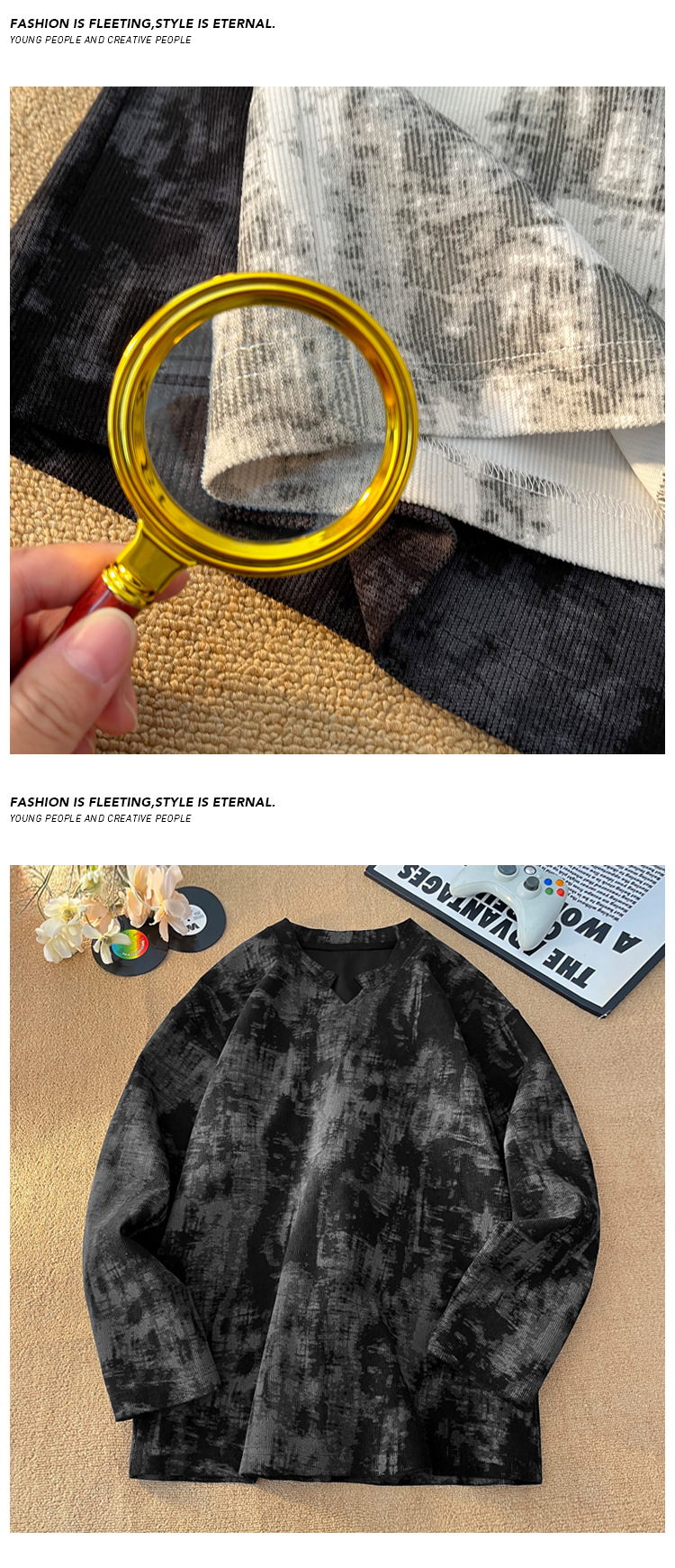 Corduroy Tie-dye V-neck Long-sleeve T-shirt For Men American Retro_voghion.com
