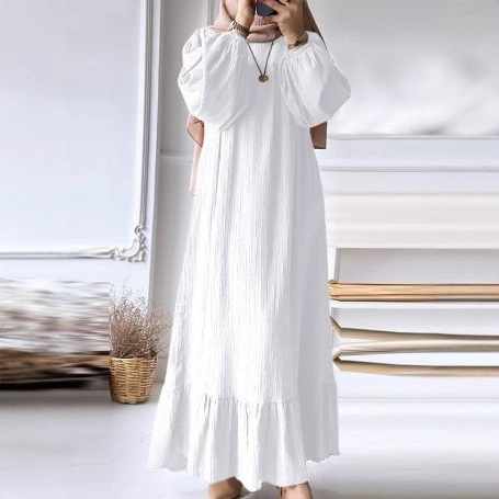 2026 Women's Fashion Skirt Solid Color Round Neck Long Skirt Ruffled Long Sleeve Dress