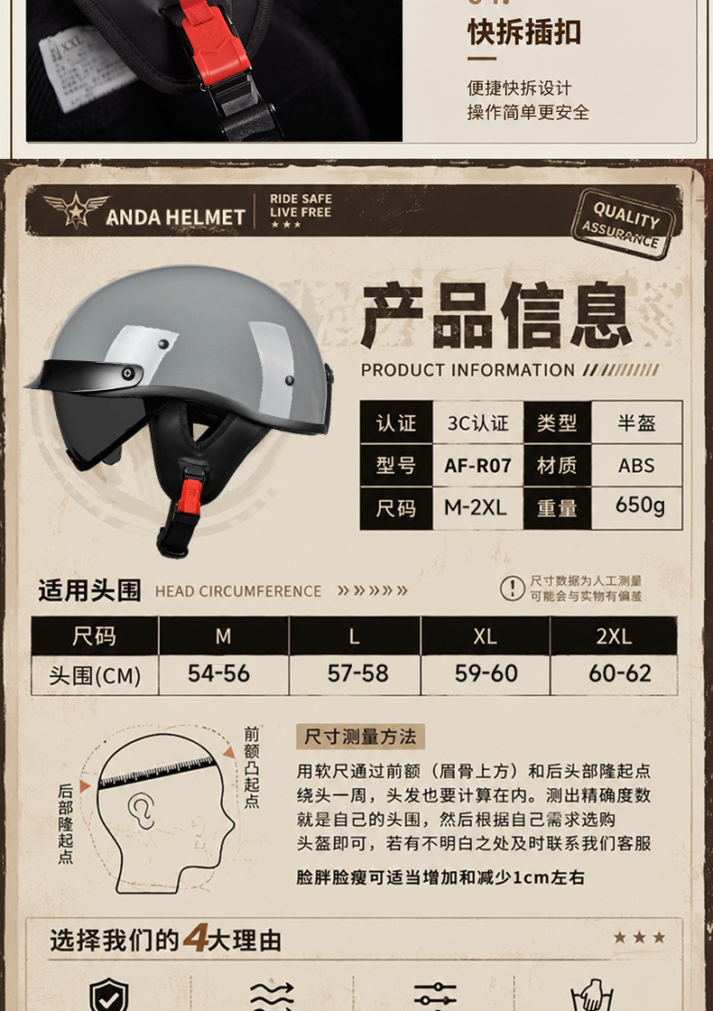 3C Retro Helmet Men's Motorcycle Half Helmet Scoop Helmet Cruiser Motorcycle Small Helmet Women's Electric Vehicle Safety Helmet Summer