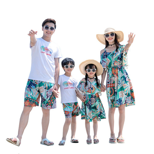Beach parent-child wear, summer vacation, casual style, family of three, four-neck bell-sleeved off-shoulder mid-length dress