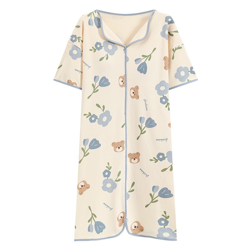 Camisón de verano con almohadilla en el pecho de las mujeres de manga corta suelta pijamas de las mujeres ocasionales prendas de vestir exteriores de algodón de dibujos animados de las mujeres homewear