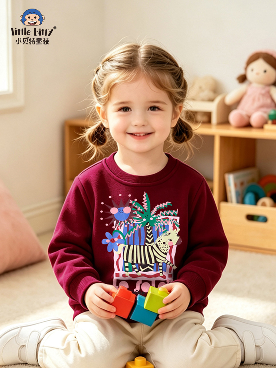 European and American 2026 children's long-sleeve sweatshirt, autumn and winter fashion cartoon zebra print round-neck pullover top for toddlers and young children
