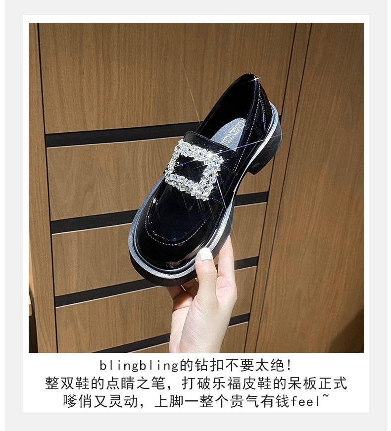Giày lười nữ mũi tròn đế dày đính đá khóa vuông gót thô — Màu đen chi tiết 7