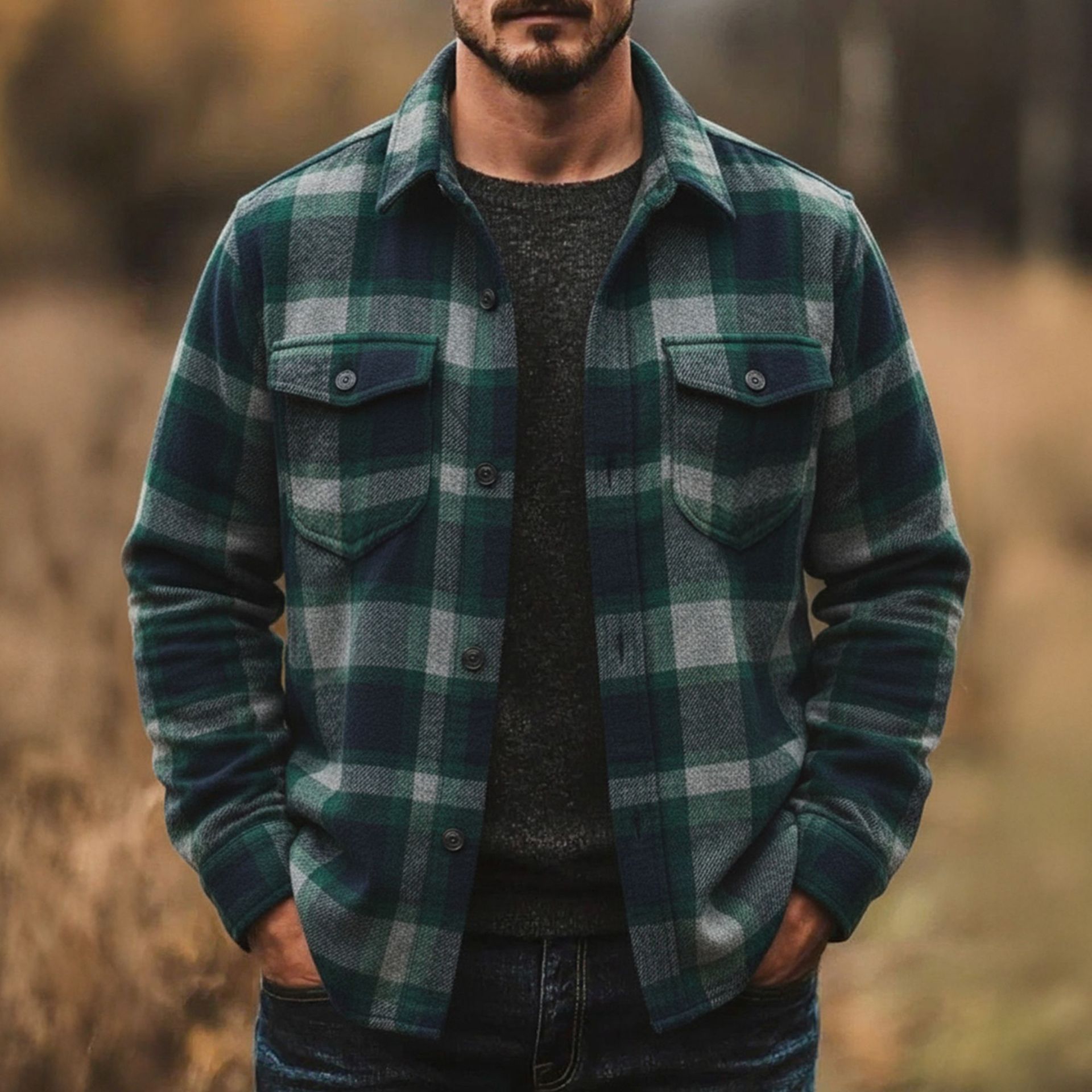 亚马逊秋冬款男装  欧美经典格子花纹衬衫 户外长袖男士衬衣A0702