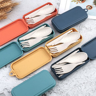 Chopsticks and Spoon Set Portable Wheat Straw Student Office Worker Foldableable Telescopic Tableware Knife and Fork with Storage Box