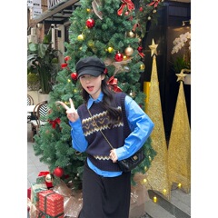 实拍~秋冬甜美复古提花宽松毛衣马甲+叠穿宽松衬衣两件套装88389