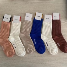 现货日本BEAMplus学院风原宿纯色高筒双针粗线麻条男女潮牌袜子