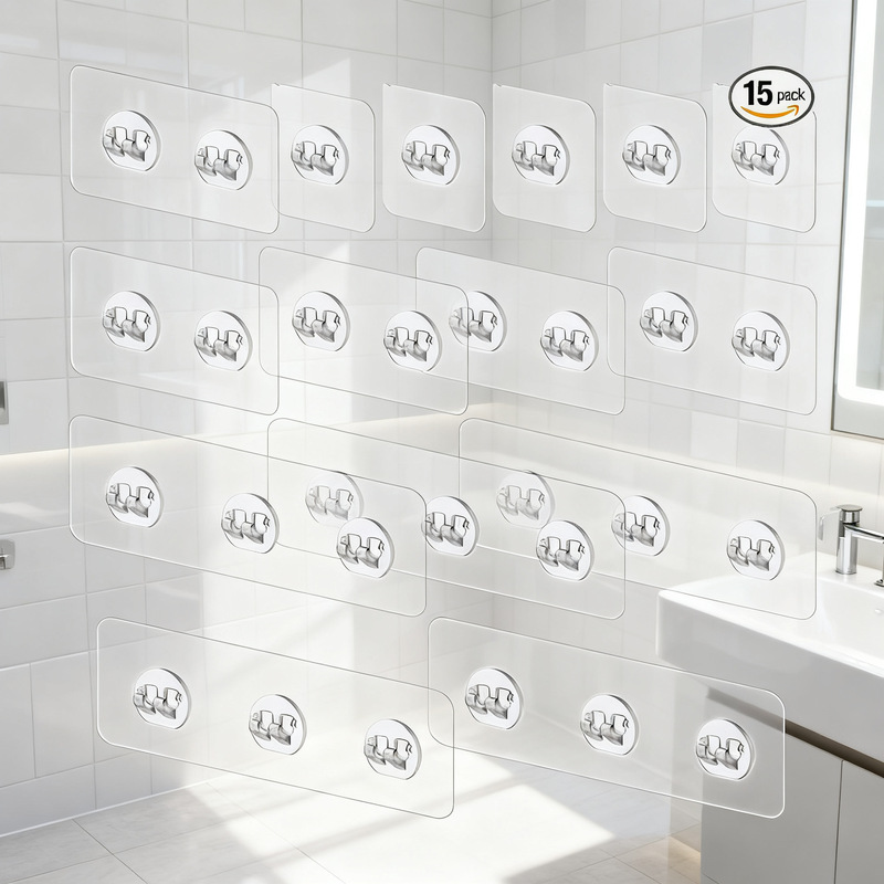 Adhesive Hooks for Clothes Storage, No-Drill Bathroom Storage Rack, Heavy-Duty Adhesive Hooks for Bathroom, Stick-On Row of Hooks