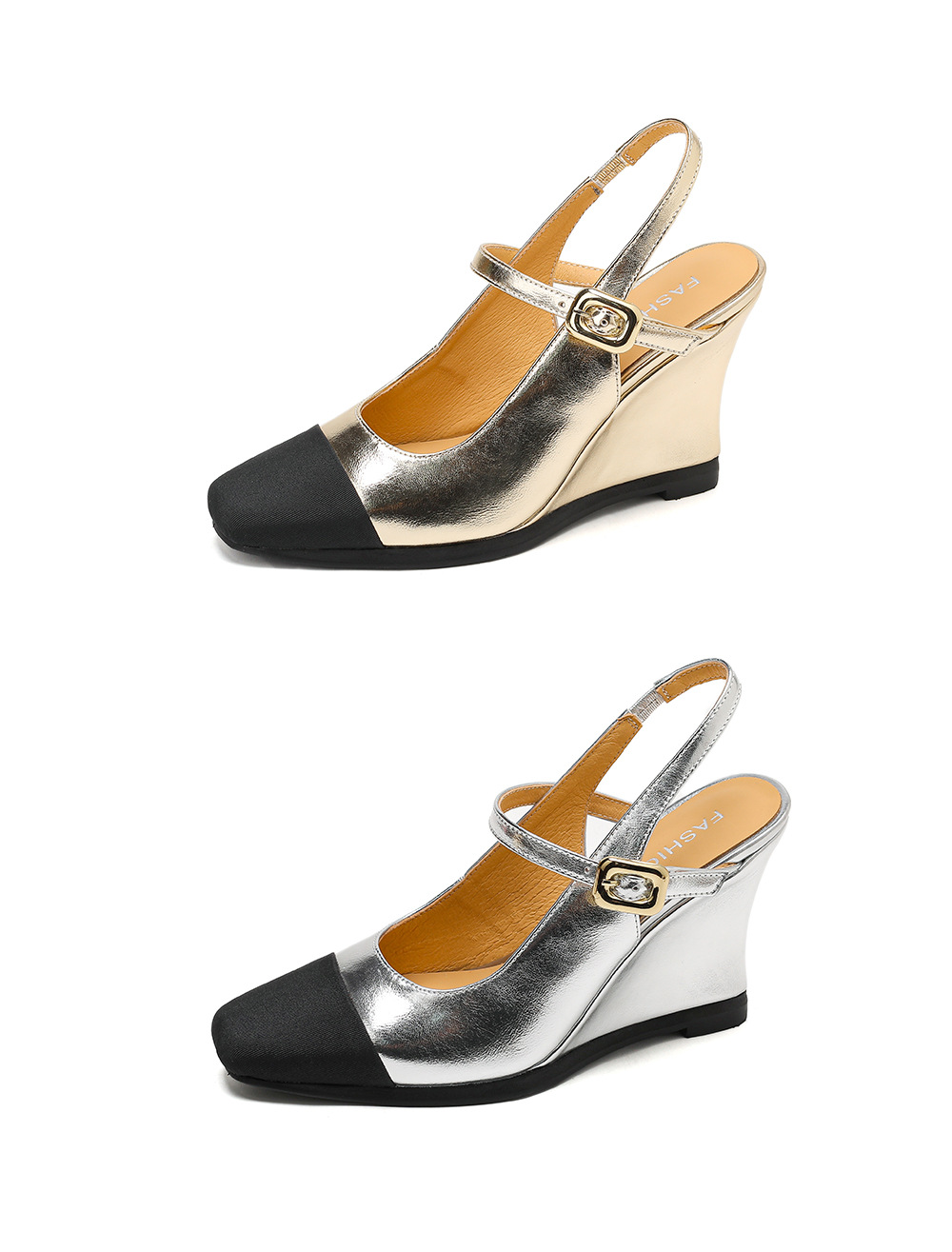 Sandal cao gót nữ mũi vuông quai ngang phong cách Chanel, gót xuồng 2026 — màu vàng, bạc chi tiết 22