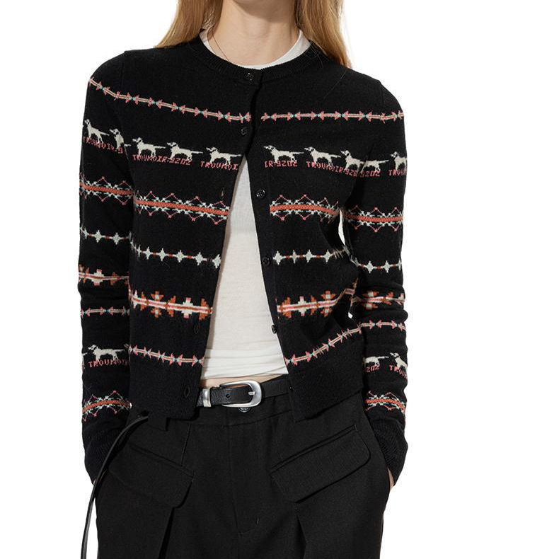 Black Hole Autumn/Winter New Puppy Wool Cardigan Short Sleeve Short Fair Isle Knit Sweater Jacket for Women Black Hole Autumn/Winter New Puppy Wool Cardigan Short Sleeve Short Fair Isle Knit Sweater Jacket for Women