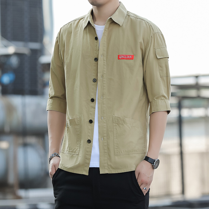 Men's Long-Sleeve Work Shirt, Japanese Style, Trendy Loose Casual Short-Sleeve, Three-Quarter Sleeve Shirt Jacket, Khaki Color