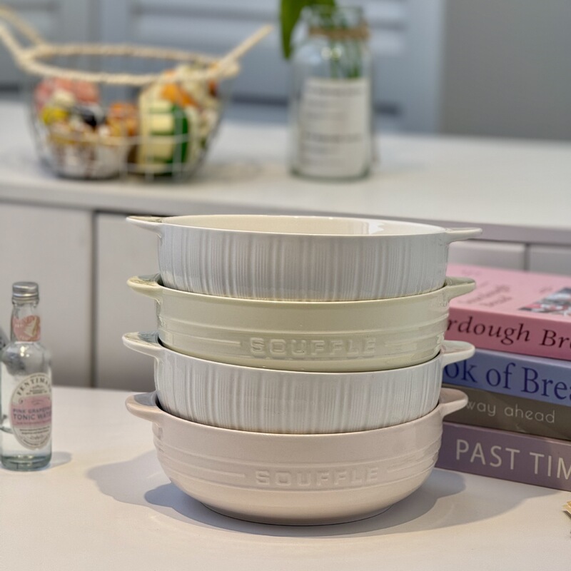 Cream-Colored Ceramic Soup Bowl with Horizontal Lines and Double Handles, Large Soup Bowl for Home Use, High Aesthetic Value, Instagram-Style Pickled Fish Bowl