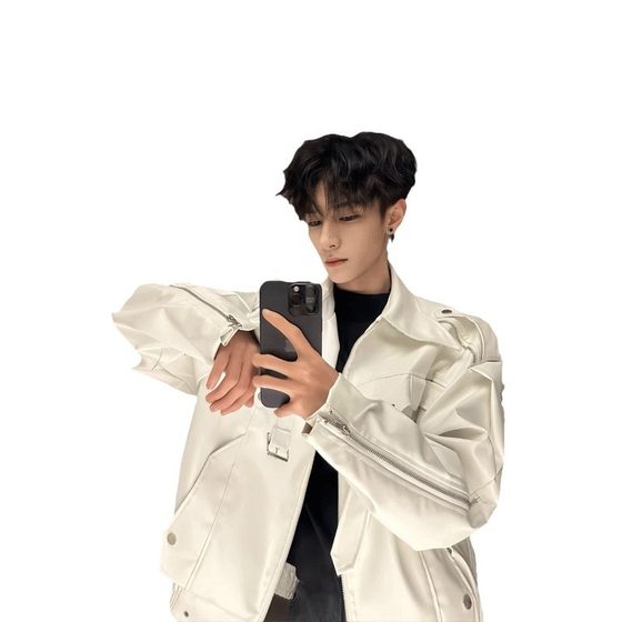Trendy Short White Leather Jacket Men's Trendy High-end Boys' Biker Suit American Style High Street Work Jacket