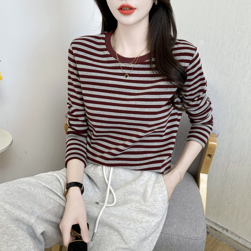 194~条纹打底衫秋装2025年新款百搭长袖T恤女圆领内搭宽松时尚潮|undefined