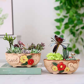 多肉植物花盆器多肉手绘组合花盆粗陶绿植物创意简约大口径拼盘
