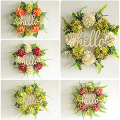 Cross-border new edition of the "Love of the Harbor" hello wooden sign simulated flower wreath door hanging ball flower vine circle window display decoration wholesale