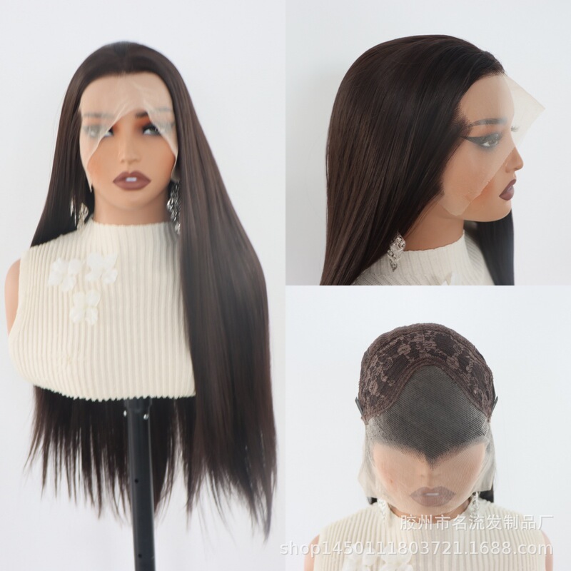 Black Straight Hair Wig with Middle Parting and Beauty Bangs, Full Lace Front, High-Temperature Synthetic Fiber Black Straight Hair Wig with Middle Parting and Beauty Bangs, Full Lace Front, High-Temperature Synthetic Fiber