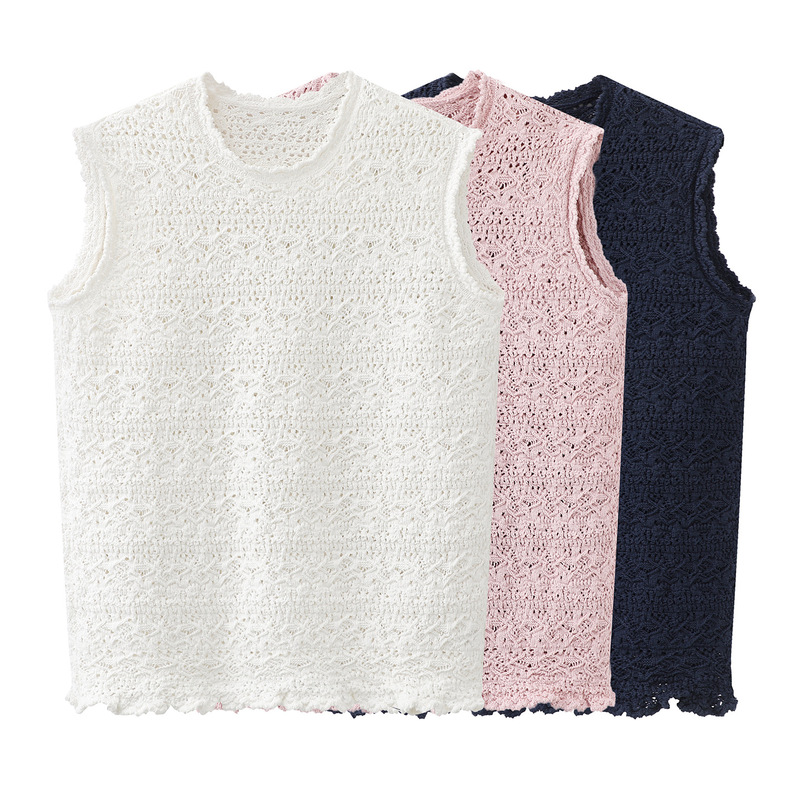[in Stock] 2026 Spring New Knitted Pullover Sleeveless Vest for Women, Loose Round Neck Knit Sweater with Hollow Out Design for Women