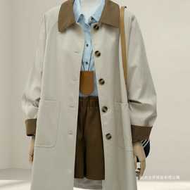 日系卡其风衣秋2025新款女装巴恩松弛感显瘦撞色翻领中长外套氨纶