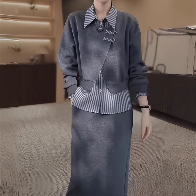 大码时尚显瘦套装裙女胖春秋宽松假两件衬衫领卫衣半身裙两件套|undefined