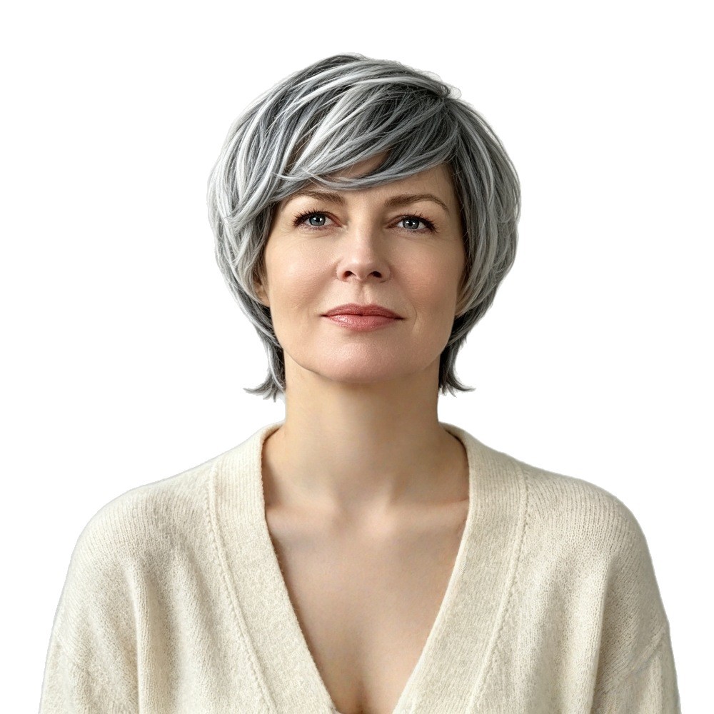 Amazon nueva peluca femenina de moda europea y americana pelo corto recto teñido en blanco y negro color mezclado fibra química Pelo Corto sombrero femenino transfronterizo image 7