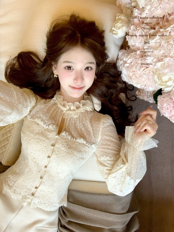 Miss Ves Jade Bead Flowing Fairy Heavy Vintage Lace Polka Dot Top Lace Mesh Patchwork Waist Shirt