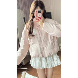 蕾丝拼接棉服外套女2025年新款冬季韩系高级感粉色蝴蝶结系带棉衣
