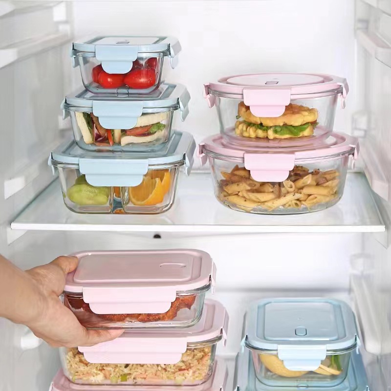Caja de almacenamiento de vidrio calentado por microondas con caja de bento, caja de almuerzo de vidrio de alto silicio, divisor de vidrio, tazón de almacenamiento de vidrio