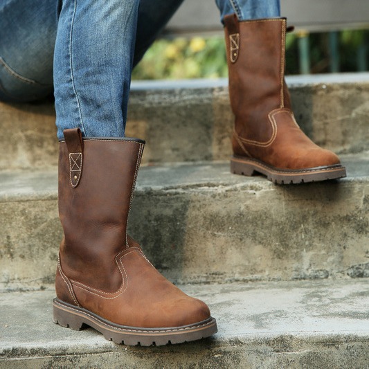 Genuine Leather Trendy Men's Boots High Barrel Mongolian Boots Top Layer Cowhide Martin Boots Outdoor Cowboy Boots Knight Boots Breathable Riding Boots