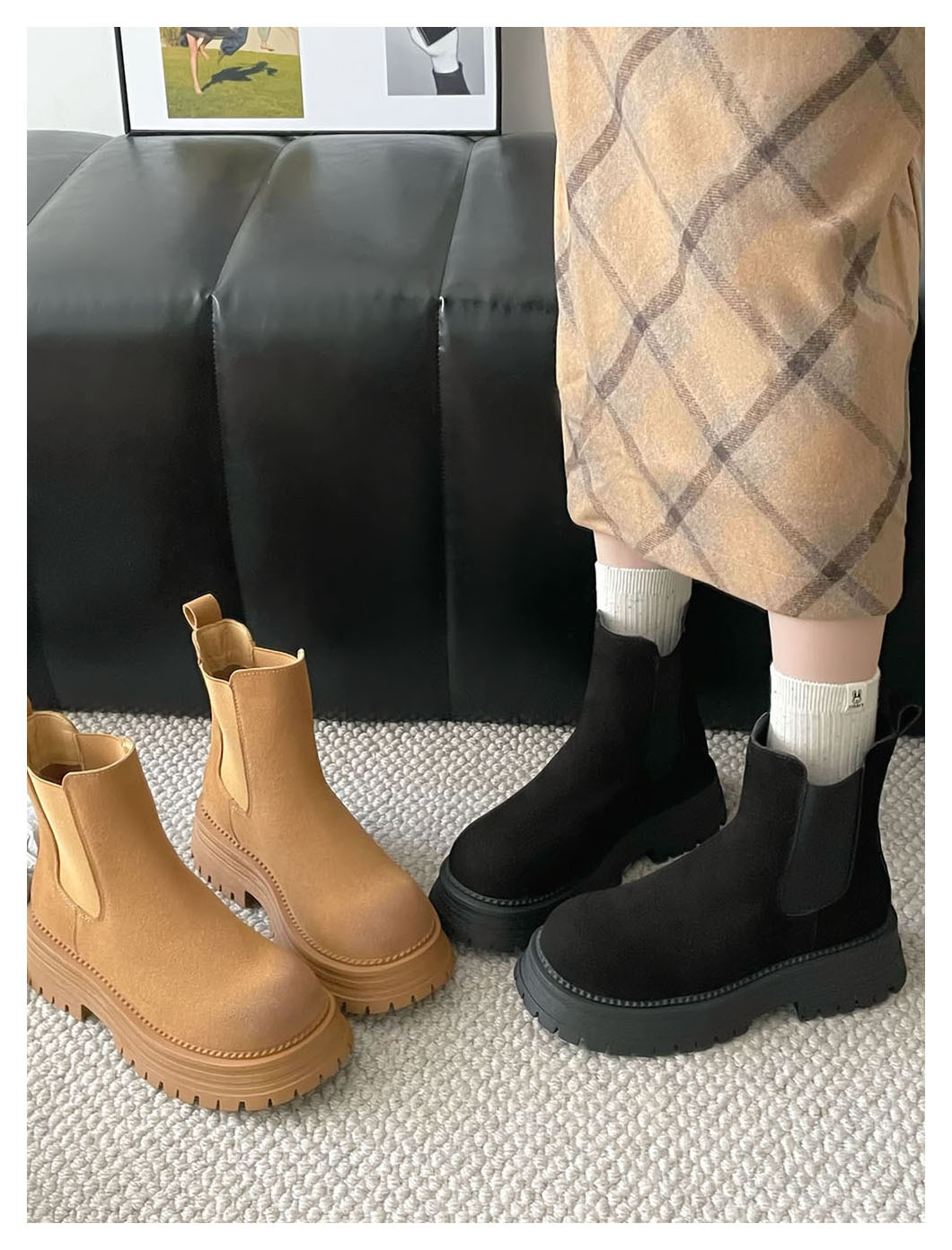 Retro all-in-one platform booties Women's new ankle boots with thick heel elastic sanded leather boots_voghion.com