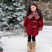 艾摩贝贝女童红色喜庆拜年服牛角扣中长款大衣毛绒保暖连帽外套