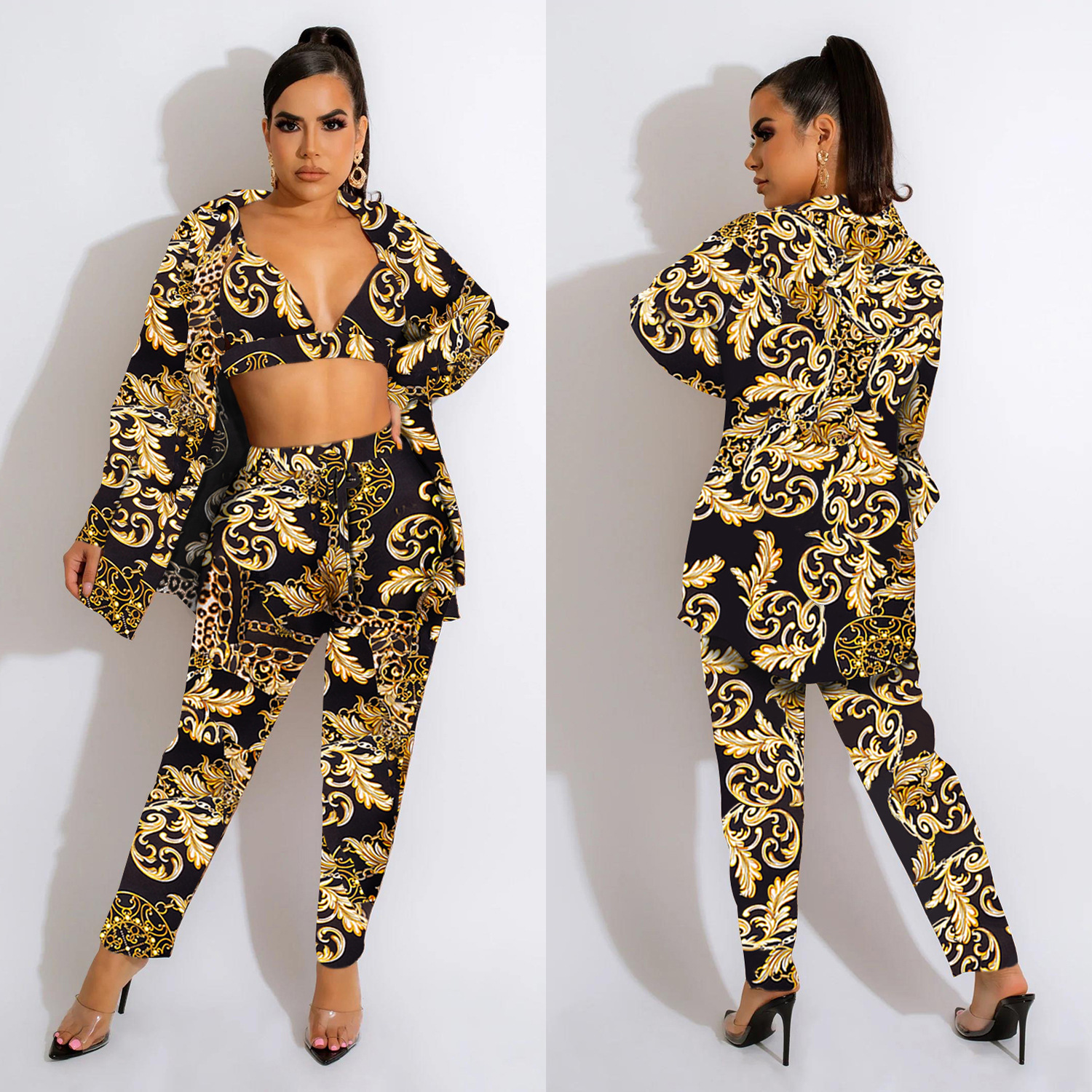 Women's Pant Set With Long Sleeved Collared Jacket And Trousers_voghion.com