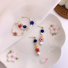 韩版夏日彩色琉璃小花淡水珍珠长款耳环少女青春耳圈耳坠耳饰