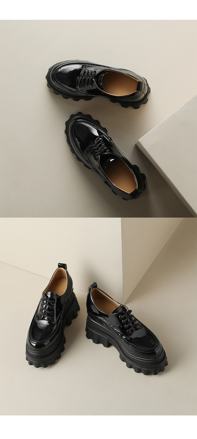 Giày loafer nữ đế xuồng cao gót 10cm, mũi tròn dây buộc, phong cách trẻ trung — màu be chi tiết 13