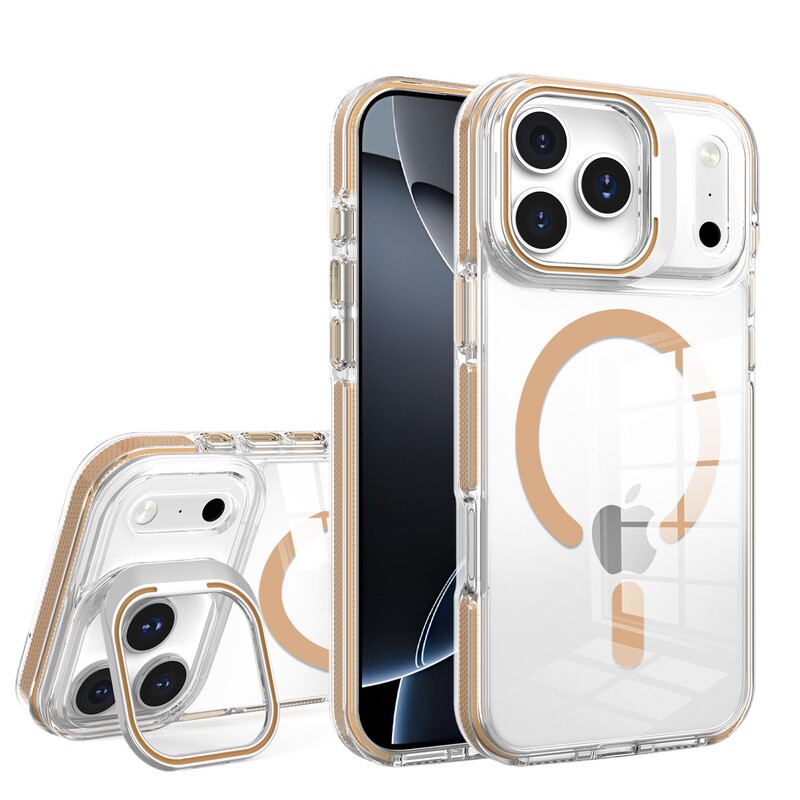 外贸适用iphone17pro手机壳透明防摔金属镜框支架苹果16硬壳磁吸|undefined