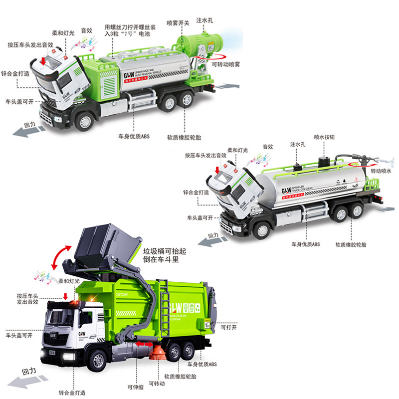 Cross-border alloy sanitation sprinkler humidification spray truck garbage sorting bucket city truck 2-3-4-5 car