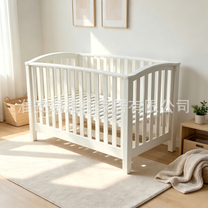 Solid wood baby crib with adjustable height, breathable, full guardrails, suitable for newborns, splicable bed, available from cross-border factory