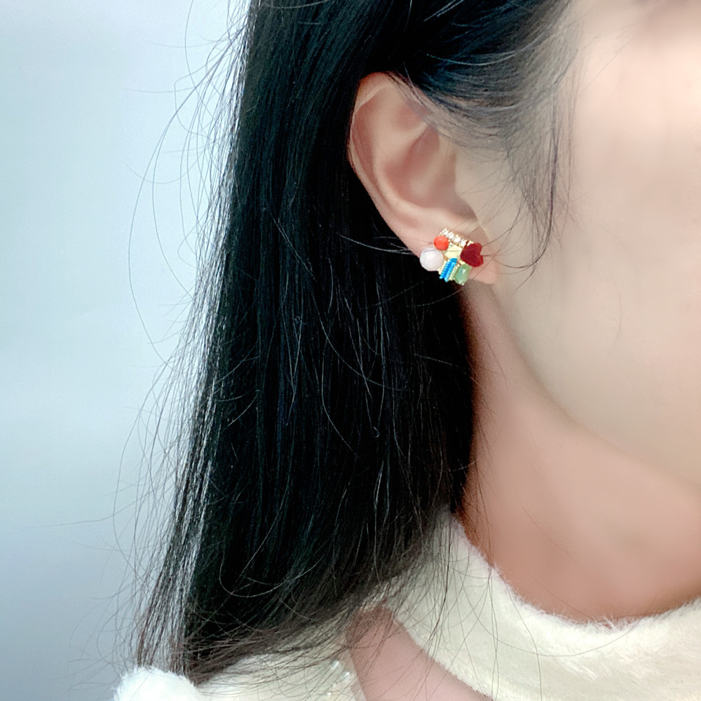 retro fresh earrings colorful love gemstone square earrings
